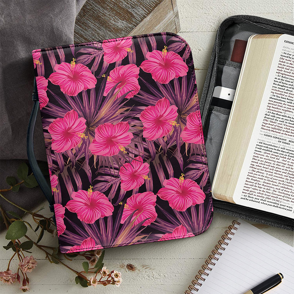 Pink Hawaiian Hibiscus Pattern Print Leather Bible Cover