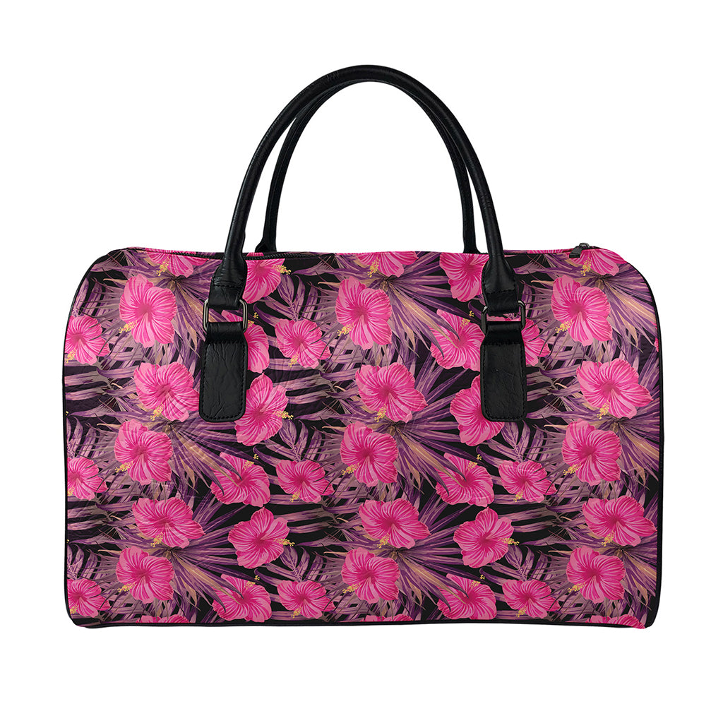 Pink Hawaiian Hibiscus Pattern Print Leather Duffle Bag
