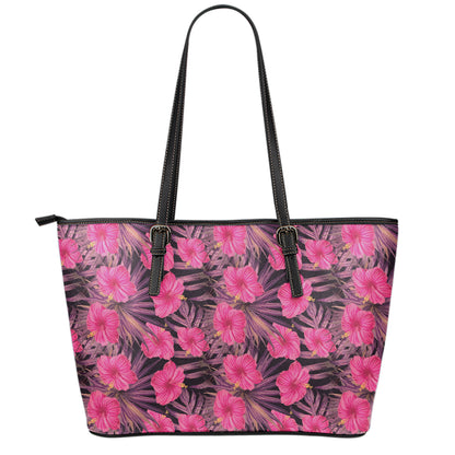 Pink Hawaiian Hibiscus Pattern Print Leather Tote Bag