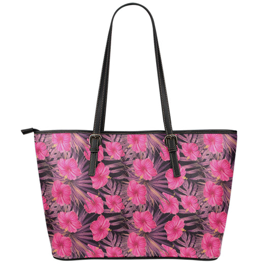 Pink Hawaiian Hibiscus Pattern Print Leather Tote Bag