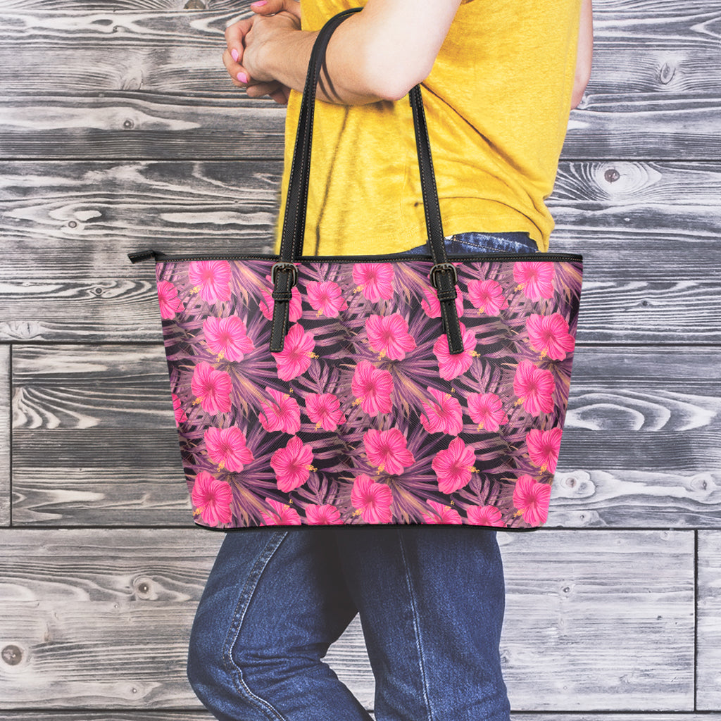 Pink Hawaiian Hibiscus Pattern Print Leather Tote Bag