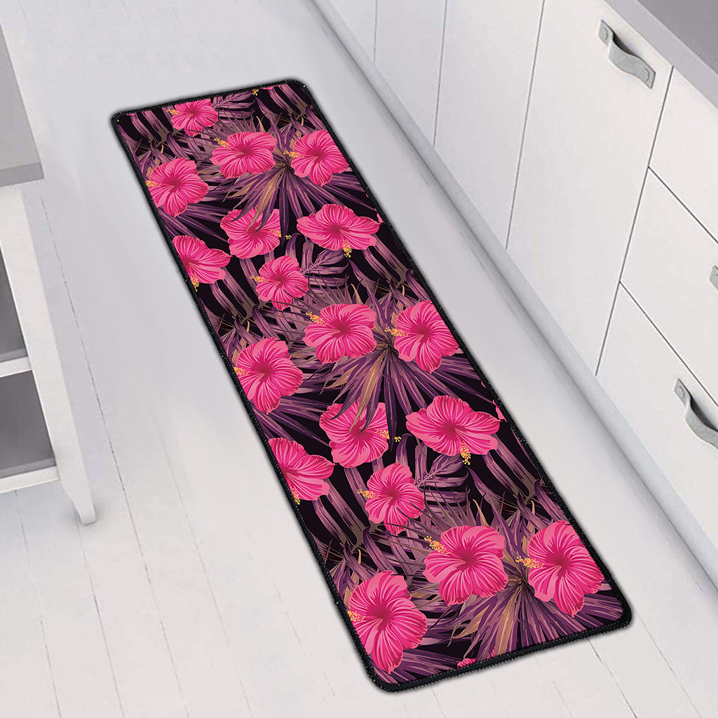 Pink Hawaiian Hibiscus Pattern Print Long Kitchen Mat
