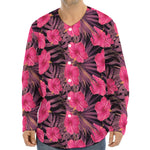 Pink Hawaiian Hibiscus Pattern Print Long Sleeve Baseball Jersey