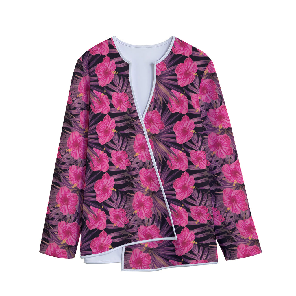 Pink Hawaiian Hibiscus Pattern Print Long Sleeve Short Coat