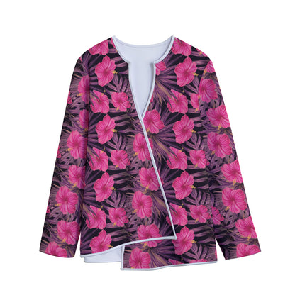 Pink Hawaiian Hibiscus Pattern Print Long Sleeve Short Coat