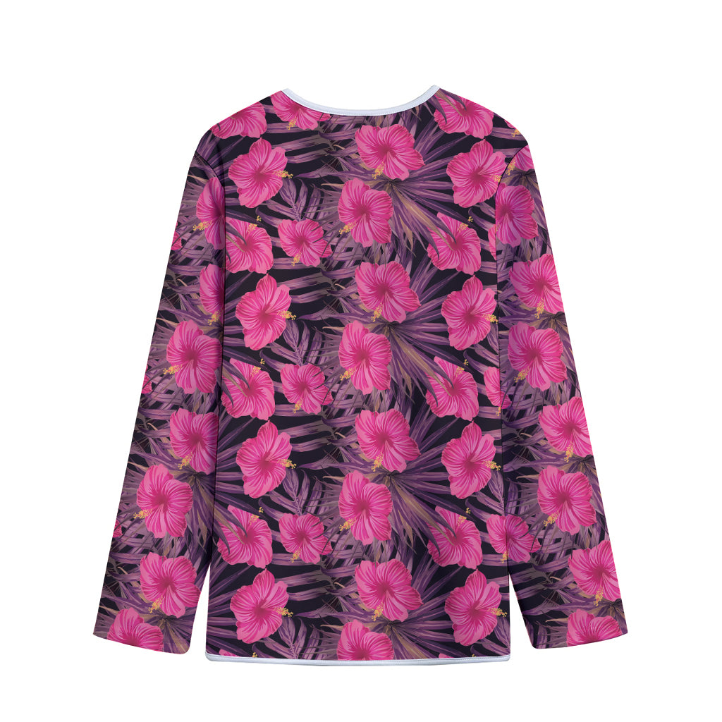 Pink Hawaiian Hibiscus Pattern Print Long Sleeve Short Coat