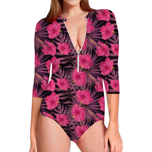 Pink Hawaiian Hibiscus Pattern Print Long Sleeve Swimsuit