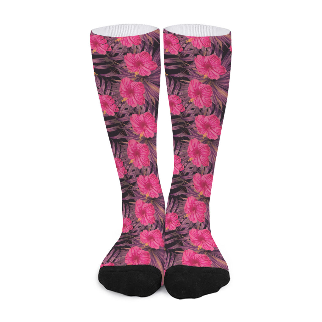 Pink Hawaiian Hibiscus Pattern Print Long Socks