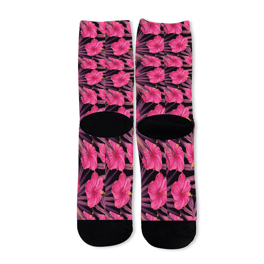 Pink Hawaiian Hibiscus Pattern Print Long Socks