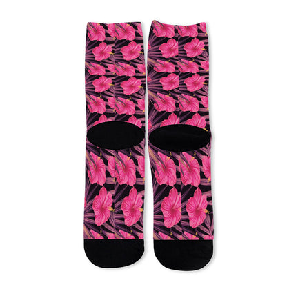 Pink Hawaiian Hibiscus Pattern Print Long Socks
