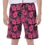 Pink Hawaiian Hibiscus Pattern Print Men's Beach Shorts