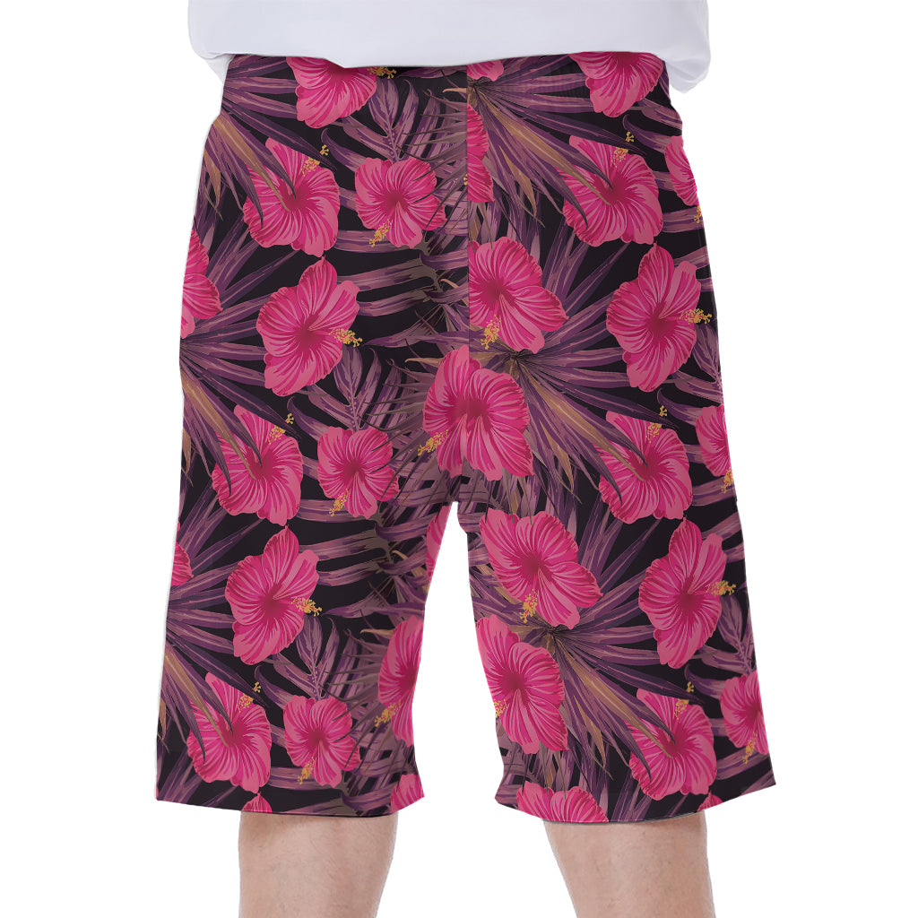 Pink Hawaiian Hibiscus Pattern Print Men's Beach Shorts