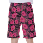 Pink Hawaiian Hibiscus Pattern Print Men's Beach Shorts