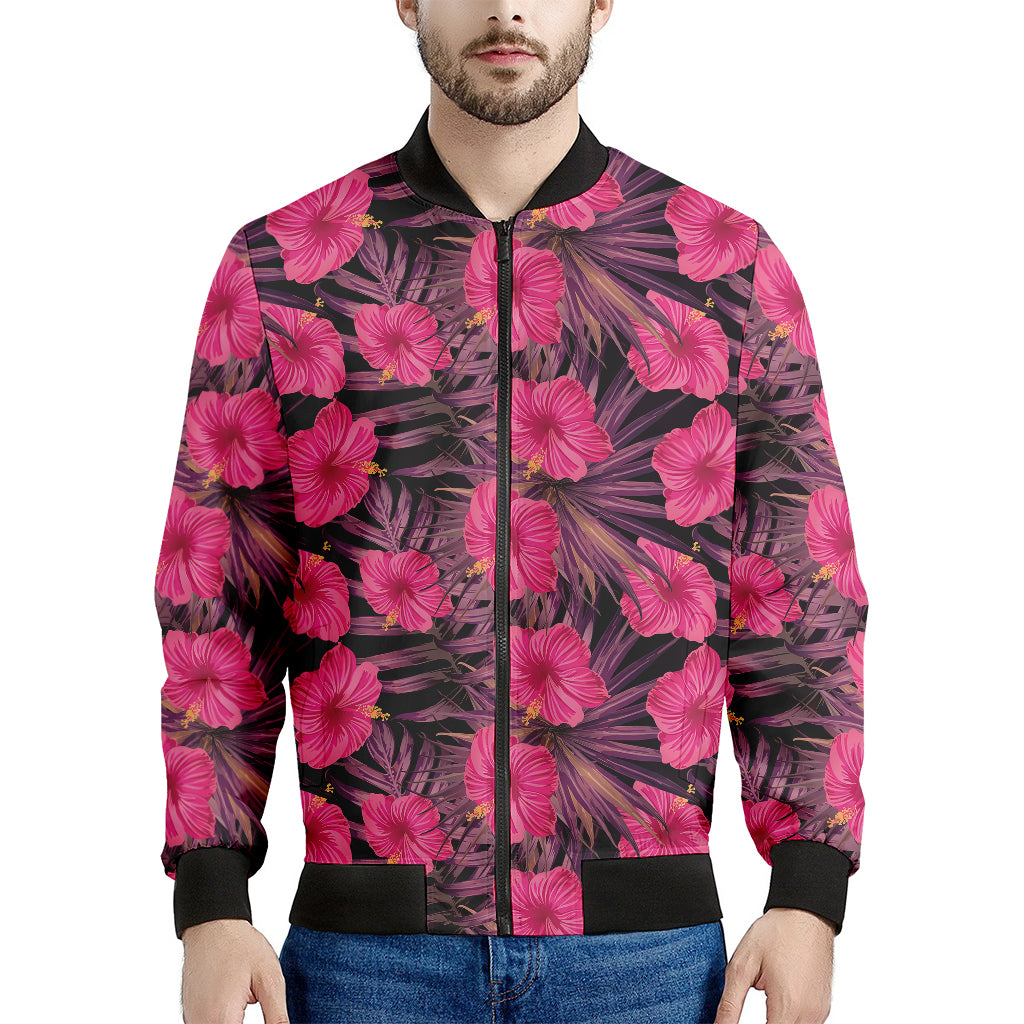 Pink Hawaiian Hibiscus Pattern Print Men's Bomber Jacket