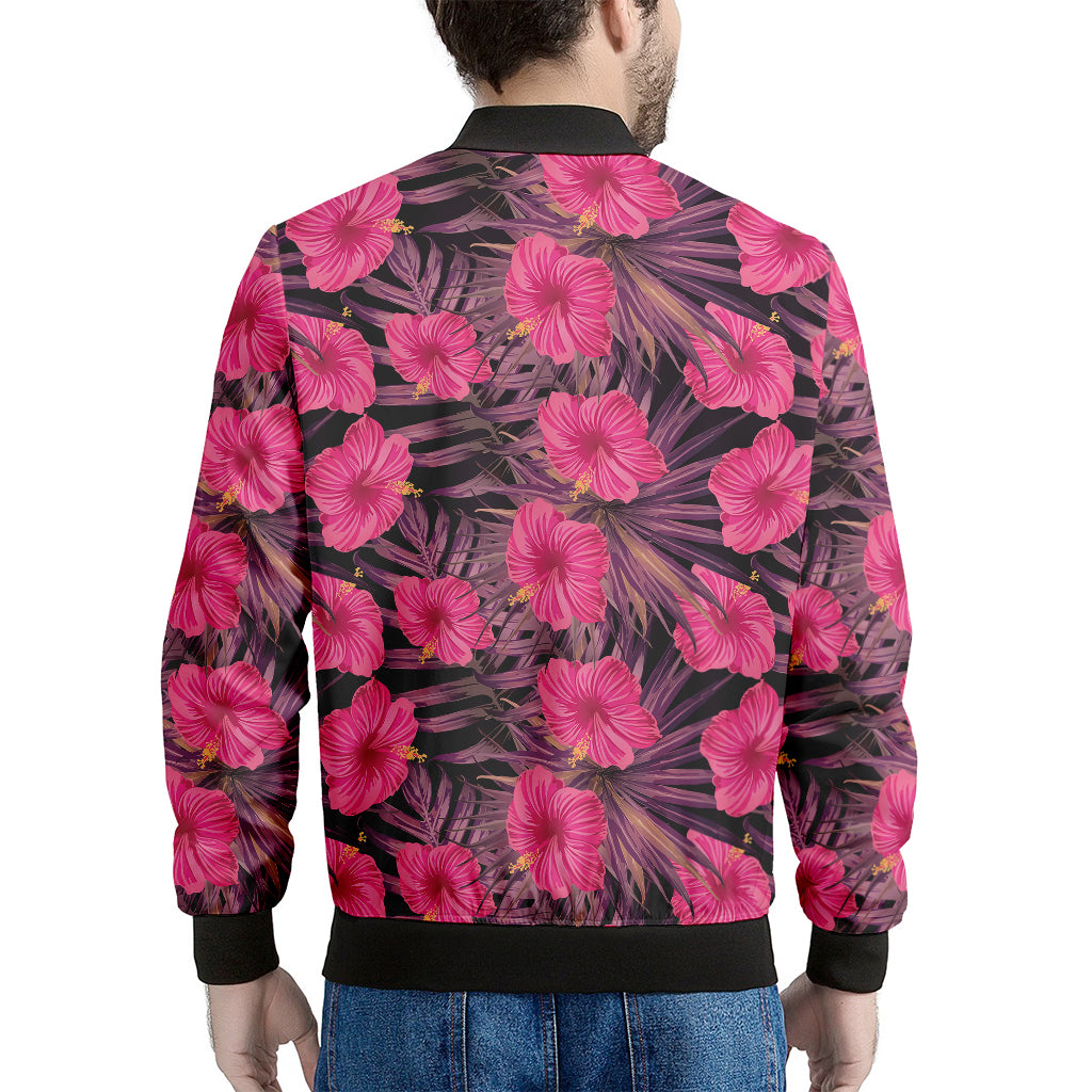 Pink Hawaiian Hibiscus Pattern Print Men's Bomber Jacket