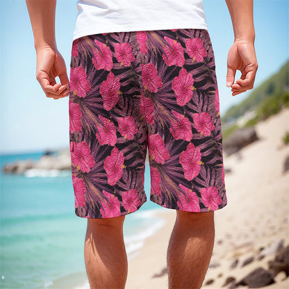 Pink Hawaiian Hibiscus Pattern Print Men's Cargo Shorts