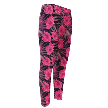 Pink Hawaiian Hibiscus Pattern Print Men's Compression Pants