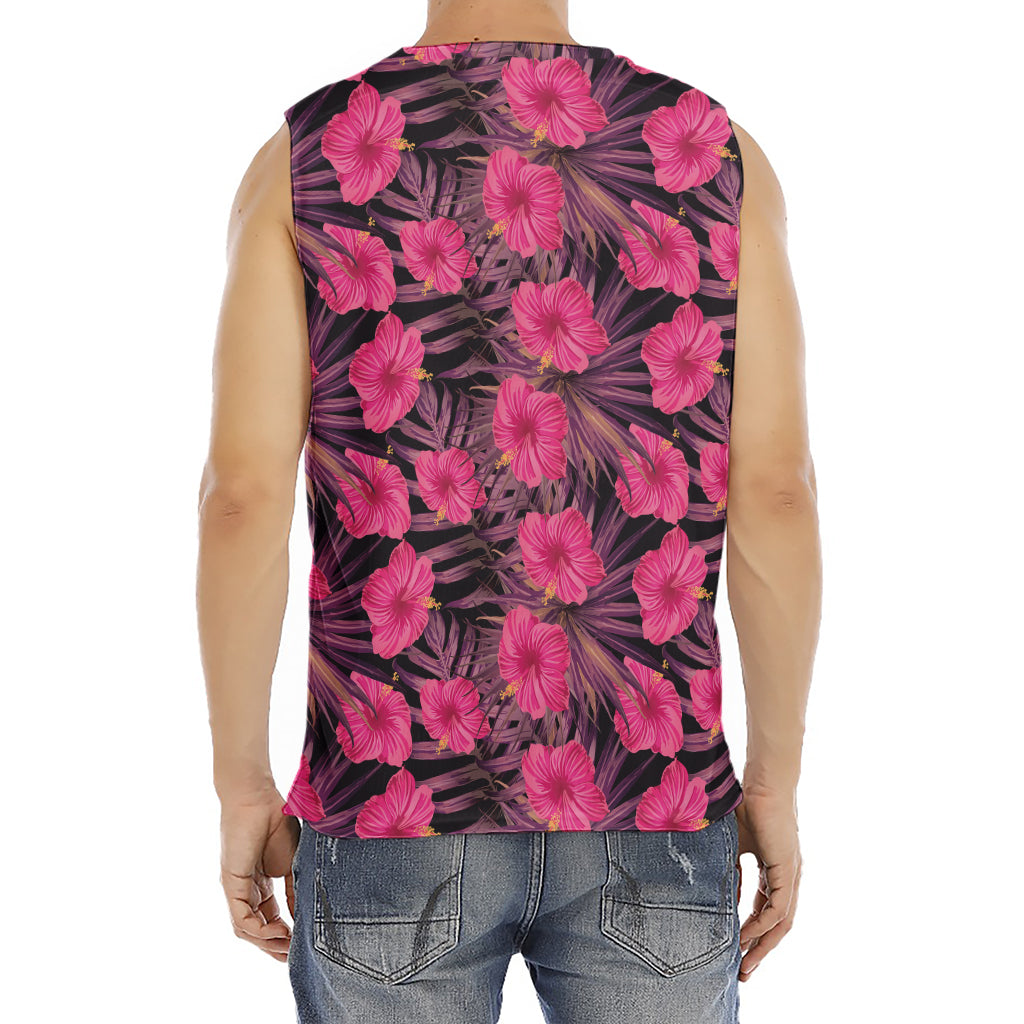 Pink Hawaiian Hibiscus Pattern Print Men's Fitness Tank Top