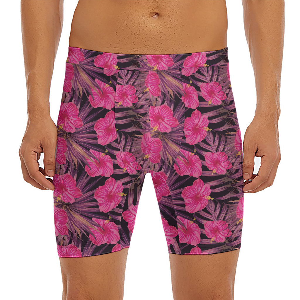 Pink Hawaiian Hibiscus Pattern Print Men's Long Boxer Briefs