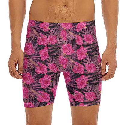 Pink Hawaiian Hibiscus Pattern Print Men's Long Boxer Briefs