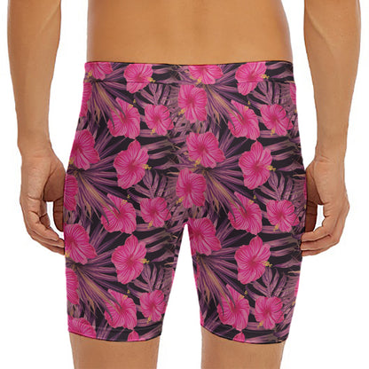 Pink Hawaiian Hibiscus Pattern Print Men's Long Boxer Briefs