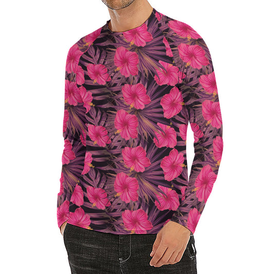 Pink Hawaiian Hibiscus Pattern Print Men's Long Sleeve Rash Guard