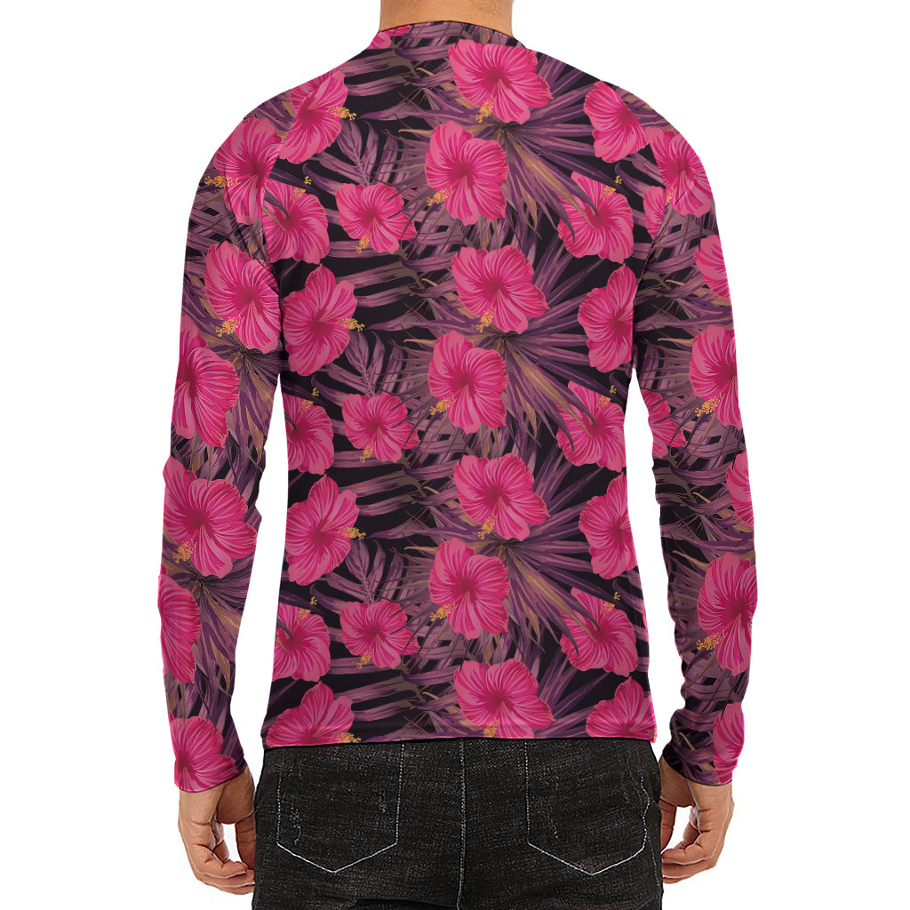 Pink Hawaiian Hibiscus Pattern Print Men's Long Sleeve Rash Guard