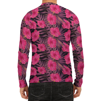 Pink Hawaiian Hibiscus Pattern Print Men's Long Sleeve Rash Guard