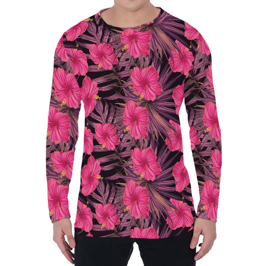 Pink Hawaiian Hibiscus Pattern Print Men's Long Sleeve T-Shirt