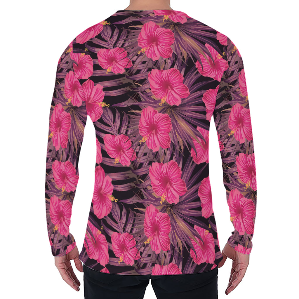 Pink Hawaiian Hibiscus Pattern Print Men's Long Sleeve T-Shirt