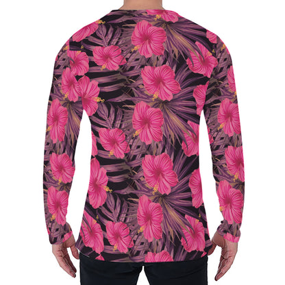 Pink Hawaiian Hibiscus Pattern Print Men's Long Sleeve T-Shirt