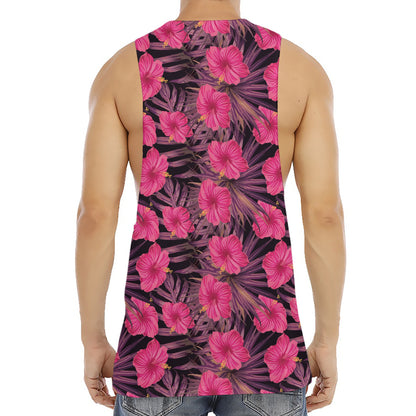 Pink Hawaiian Hibiscus Pattern Print Men's Muscle Tank Top