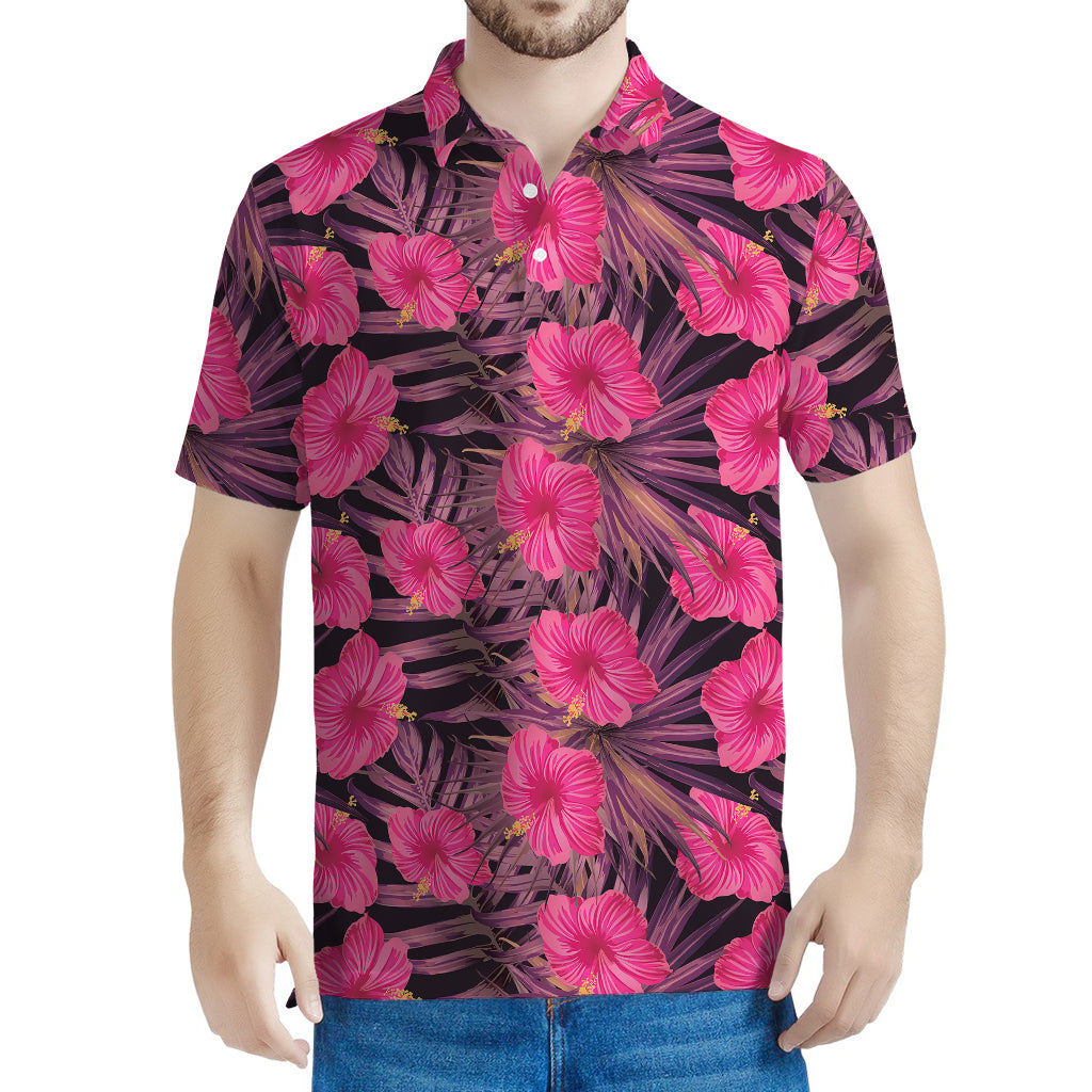Pink Hawaiian Hibiscus Pattern Print Men's Polo Shirt