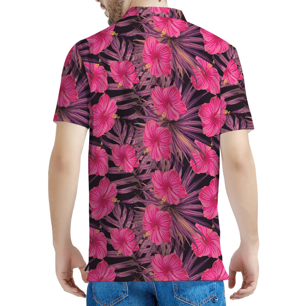 Pink Hawaiian Hibiscus Pattern Print Men's Polo Shirt