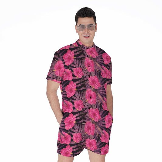 Pink Hawaiian Hibiscus Pattern Print Men's Rompers