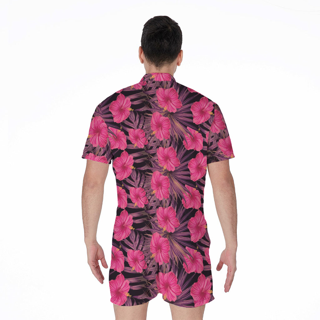 Pink Hawaiian Hibiscus Pattern Print Men's Rompers