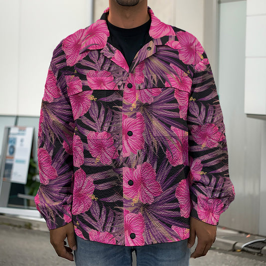 Pink Hawaiian Hibiscus Pattern Print Men's Shirt Jacket