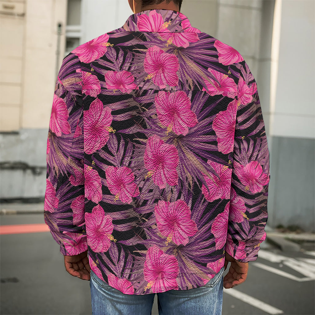 Pink Hawaiian Hibiscus Pattern Print Men's Shirt Jacket