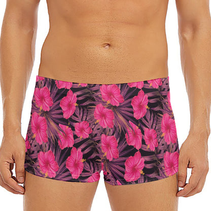 Pink Hawaiian Hibiscus Pattern Print Men's Short Boxer Briefs