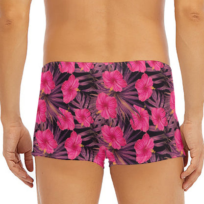 Pink Hawaiian Hibiscus Pattern Print Men's Short Boxer Briefs
