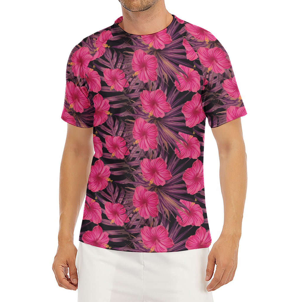 Pink Hawaiian Hibiscus Pattern Print Men's Short Sleeve Rash Guard
