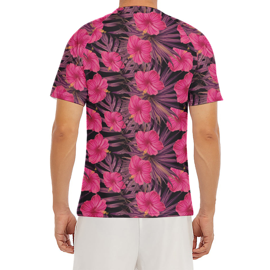 Pink Hawaiian Hibiscus Pattern Print Men's Short Sleeve Rash Guard