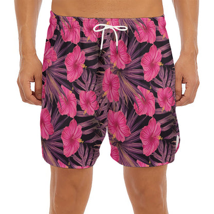 Pink Hawaiian Hibiscus Pattern Print Men's Split Running Shorts