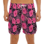 Pink Hawaiian Hibiscus Pattern Print Men's Split Running Shorts