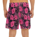 Pink Hawaiian Hibiscus Pattern Print Men's Split Running Shorts