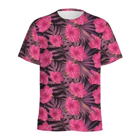 Pink Hawaiian Hibiscus Pattern Print Men's Sports T-Shirt