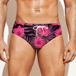 Pink Hawaiian Hibiscus Pattern Print Men's Swim Briefs