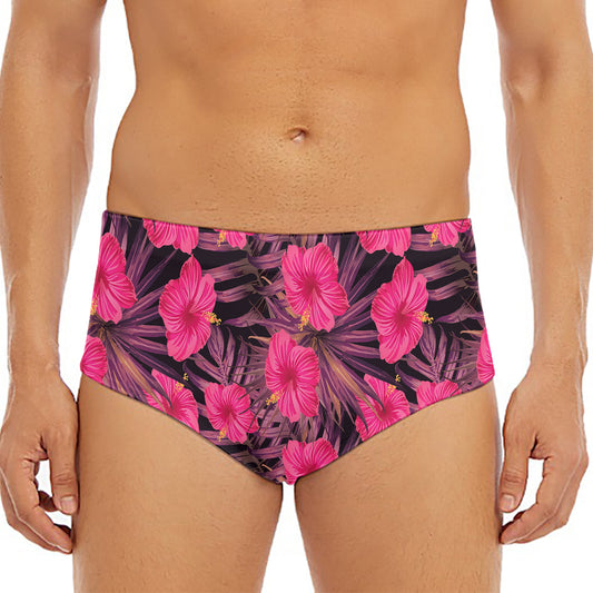 Pink Hawaiian Hibiscus Pattern Print Men's Triangle Swim Briefs