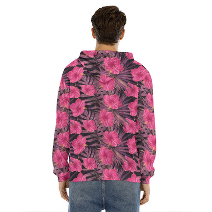 Pink Hawaiian Hibiscus Pattern Print Men's Velvet Pullover Hoodie