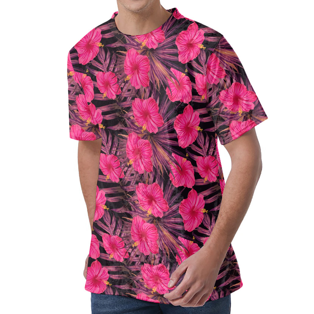 Pink Hawaiian Hibiscus Pattern Print Men's Velvet T-Shirt